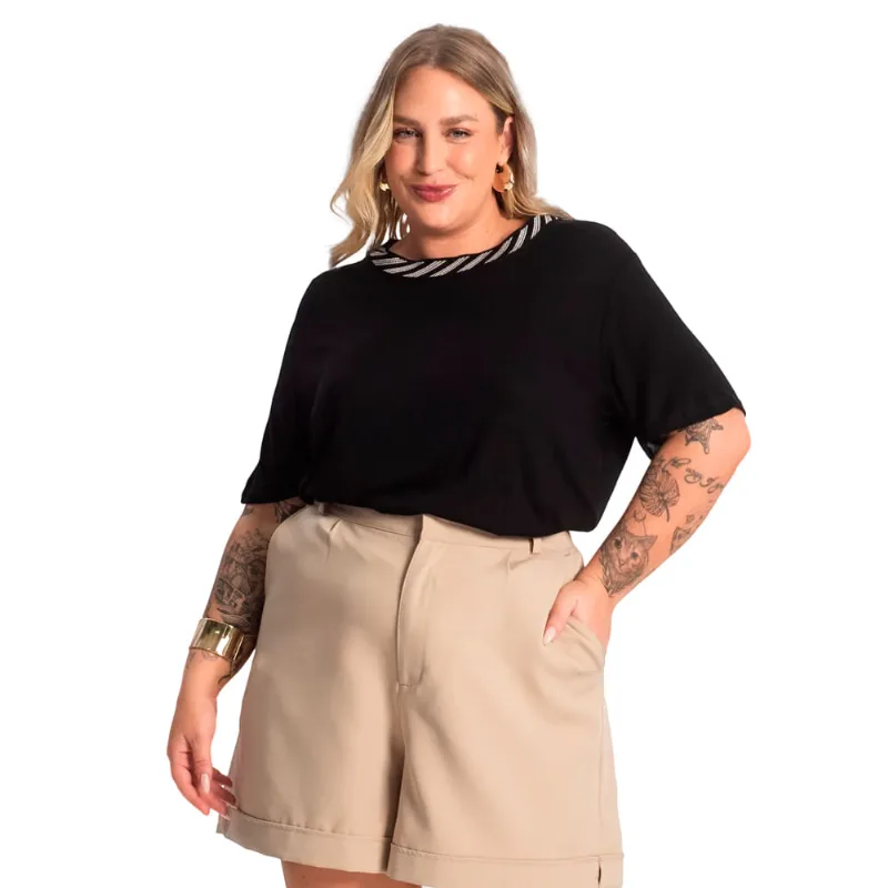 Blusa Feminina Secret Glam Plus Size Detalhe na Gola Off Preto - G1