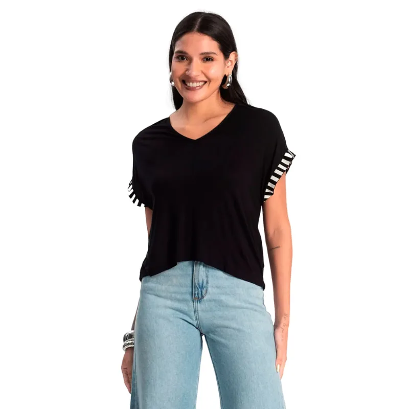 Blusa Feminina Rovitex Com Mangas Listradas Preto - GG