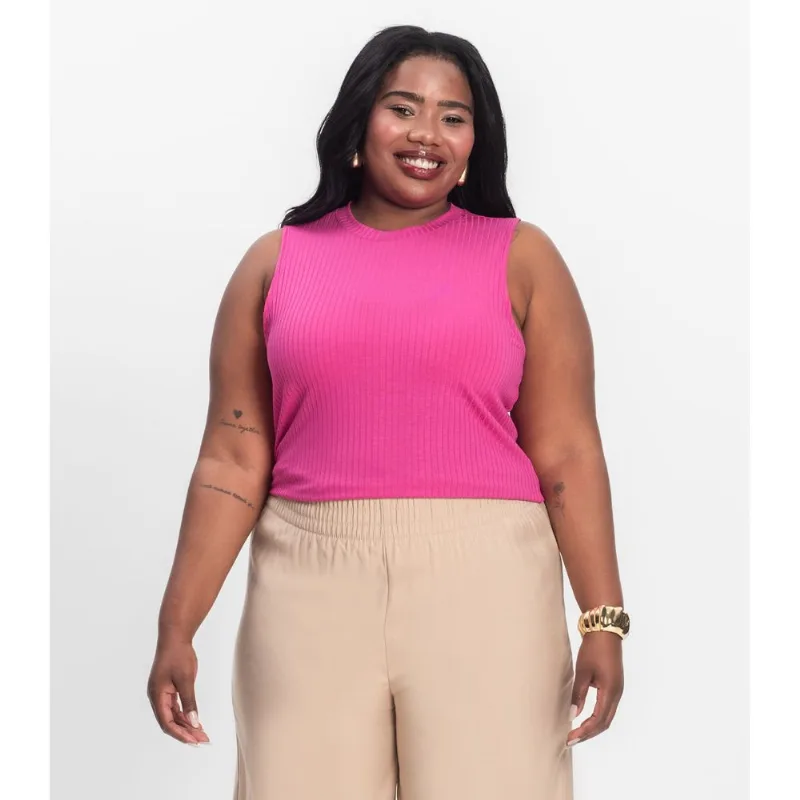 Regata Plus Size Em Ribana Canelada Secret Glam Rosa Plus G2