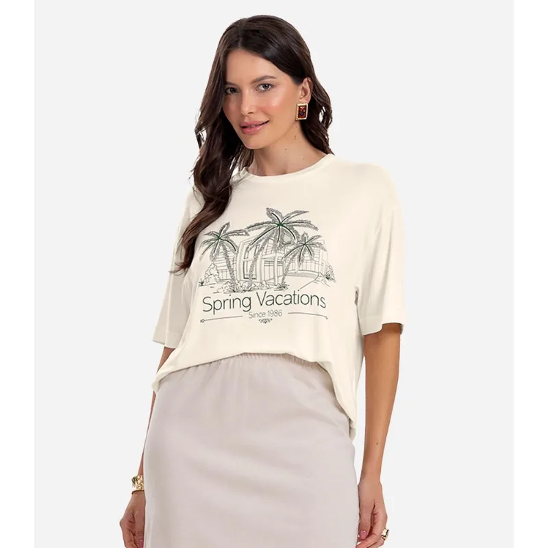 Blusa Feminina Over com Estampa e Glitter Rovitex Bege P