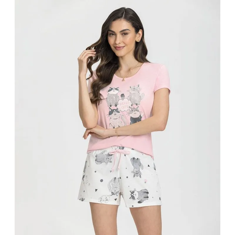 Pijama Manga Curta Gatinhos Mensageira Da Paz Rosa M