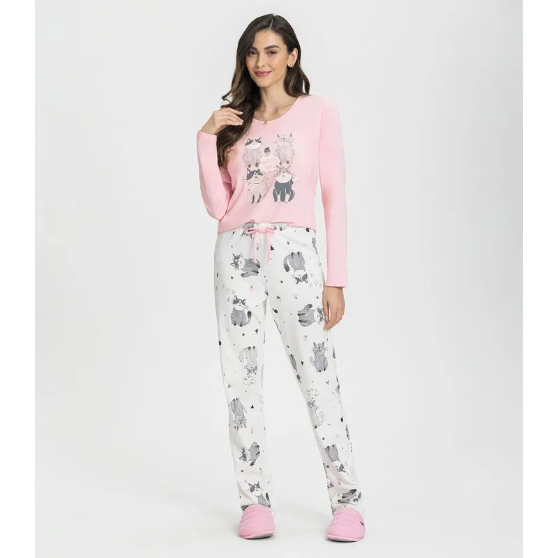 Pijama Manga Longa Gatinhos Mensageira Da Paz Rosa P