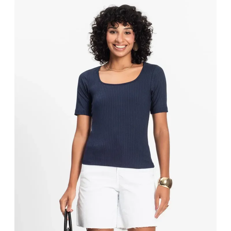 Blusa em Ribana Canelada Rovitex Azul GG