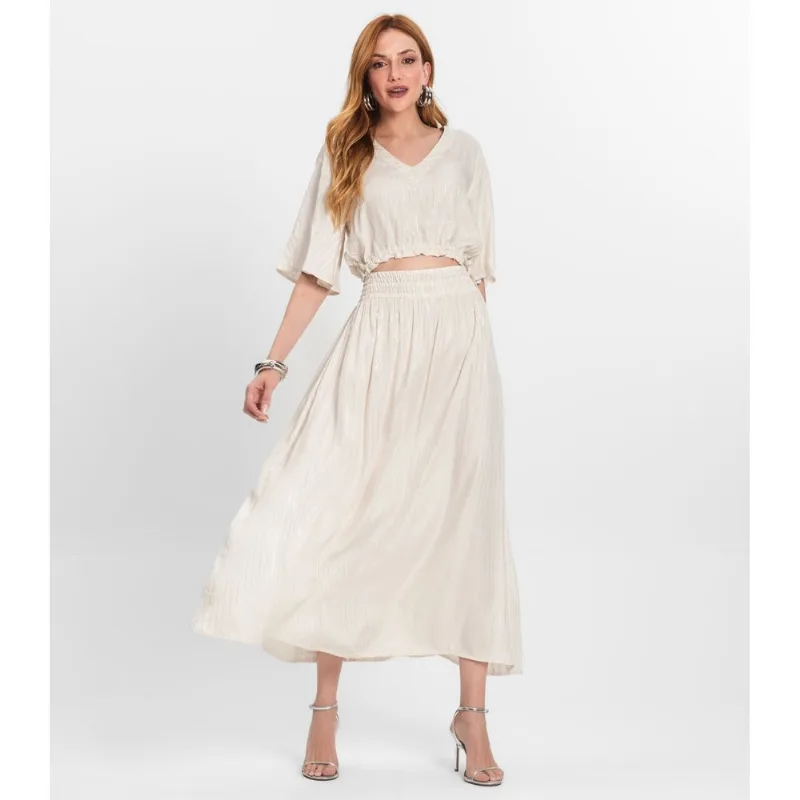 Saia Midi Feminina Cós Com Elástico Endless Bege GG
