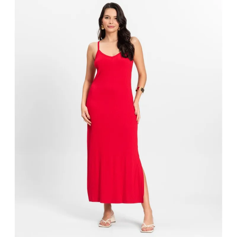 Vestido Midi em Ribana Canelada Rovitex Vermelho P