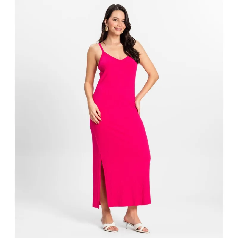 Vestido Midi em Ribana Canelada Rovitex Rosa G