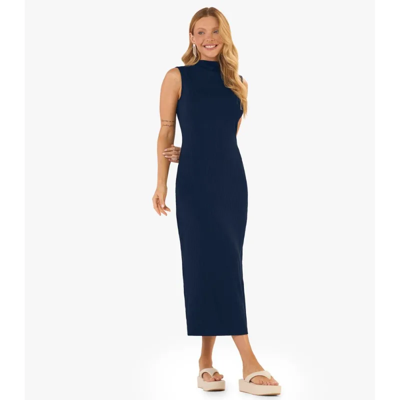 Vestido Midi Ribana Canelada Rovitex Azul GG