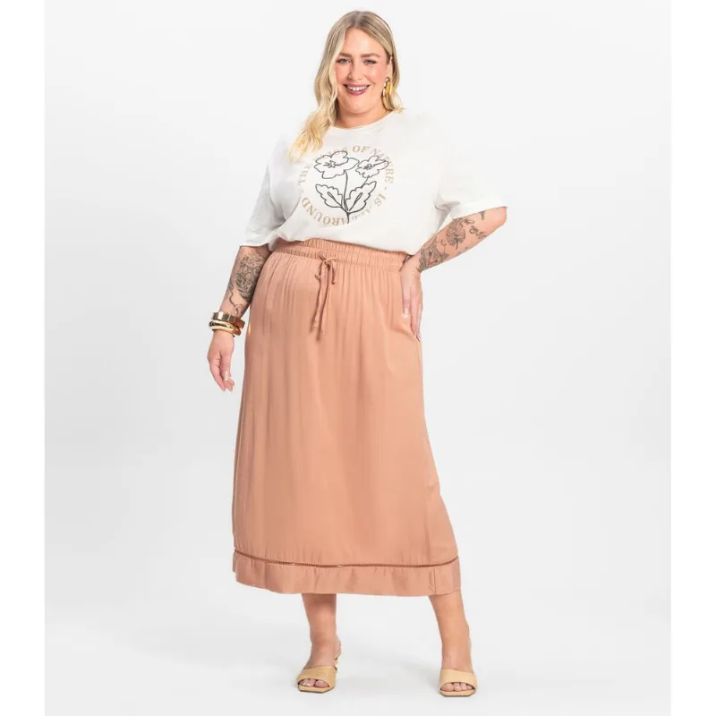 Saia Midi Plus Size Em Viscose Secret Glam Marrom Plus G4