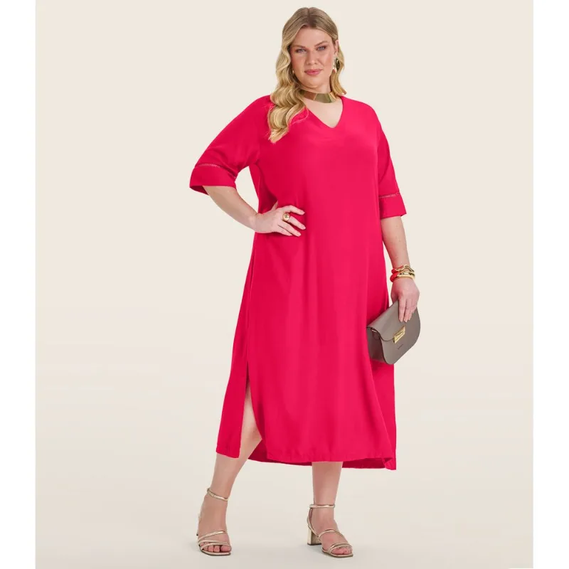 Vestido Manga Curta Em Viscose Secret Glam Vermelho Plus G3