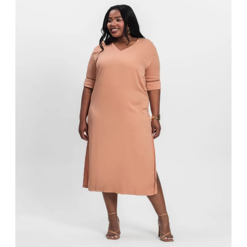 Vestido Manga Curta Em Viscose Secret Glam Marrom Plus G4