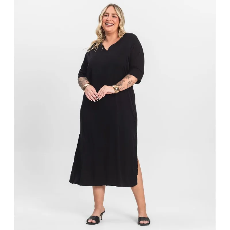 Vestido Manga Curta Em Viscose Secret Glam Preto Plus G4