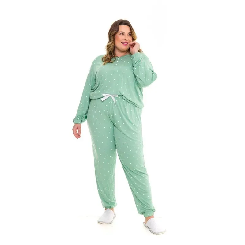 Pijama Feminino Plus Manga Longa Evanilda Verde G1