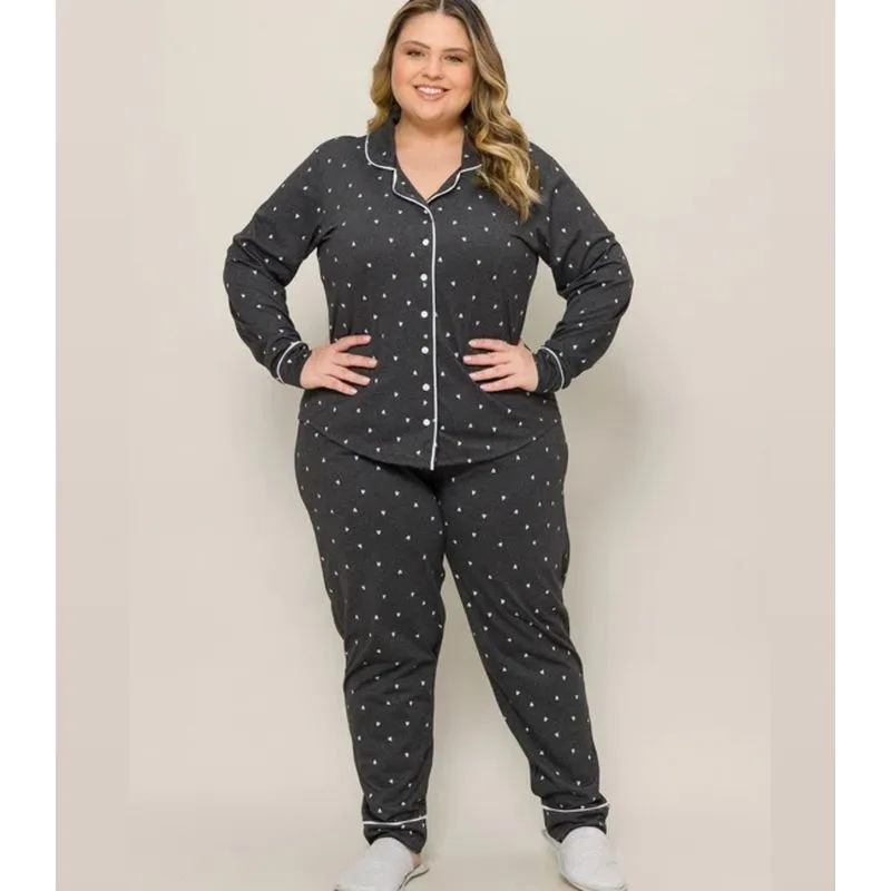 Pijama Plus Americano Manga Longa Evanilda Preto G3