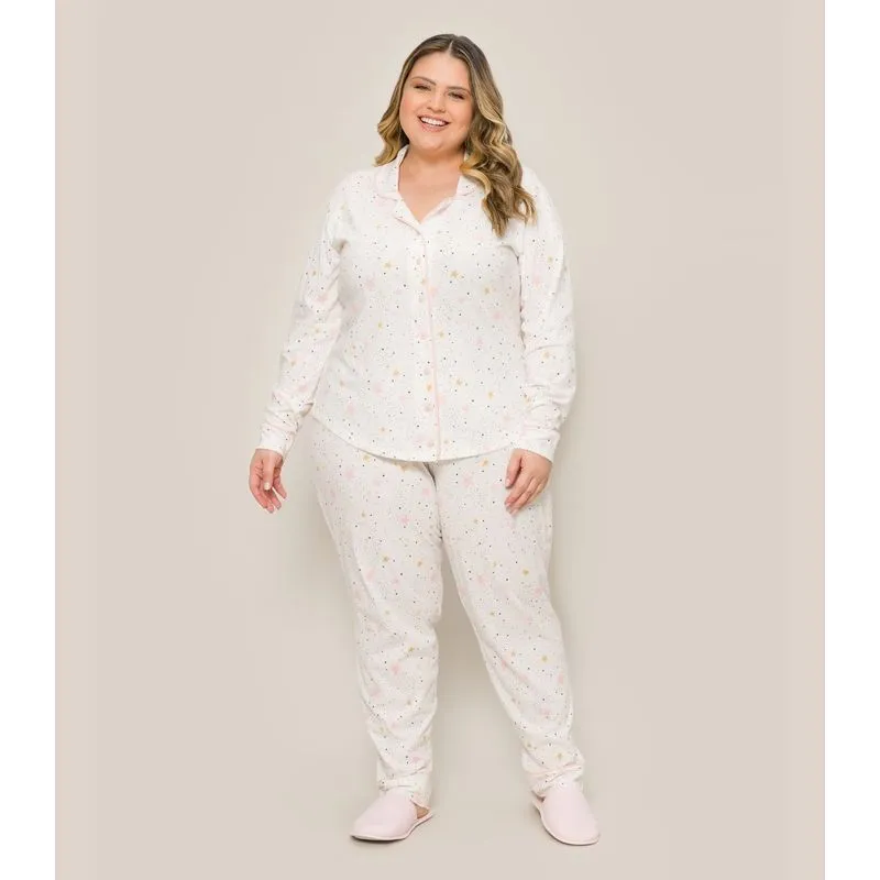 Pijama Plus Americano Manga Longa Evanilda Branco G3
