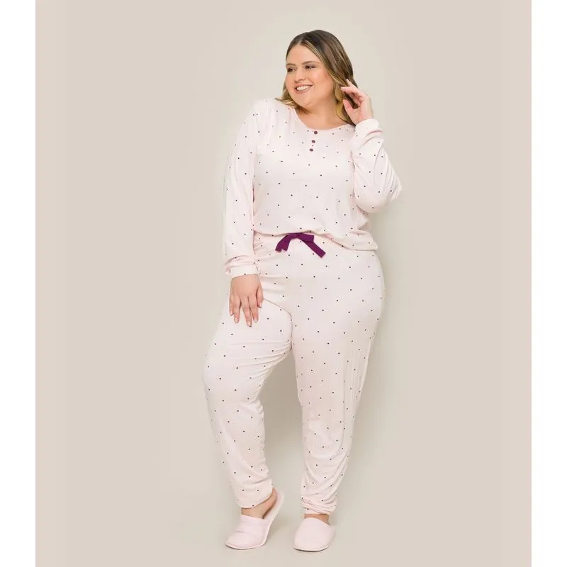Pijama Feminino Plus Manga Longa Evanilda Bege G3