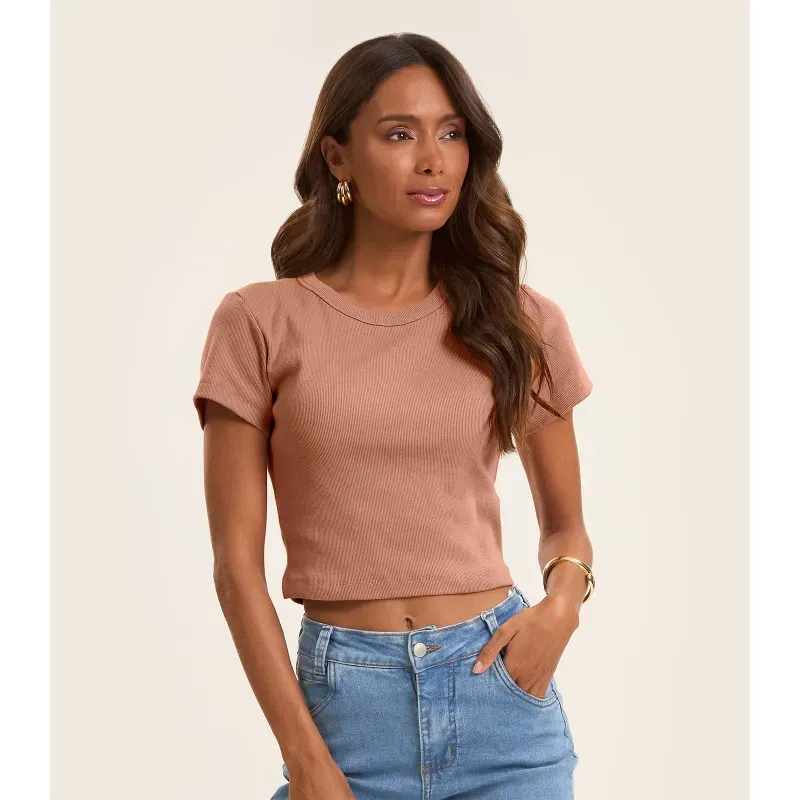 Blusa Cropped Ribana Básica Rovitex Marrom G