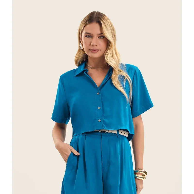 Camisa Feminina Manga Curta Com Gola Endless Azul GG