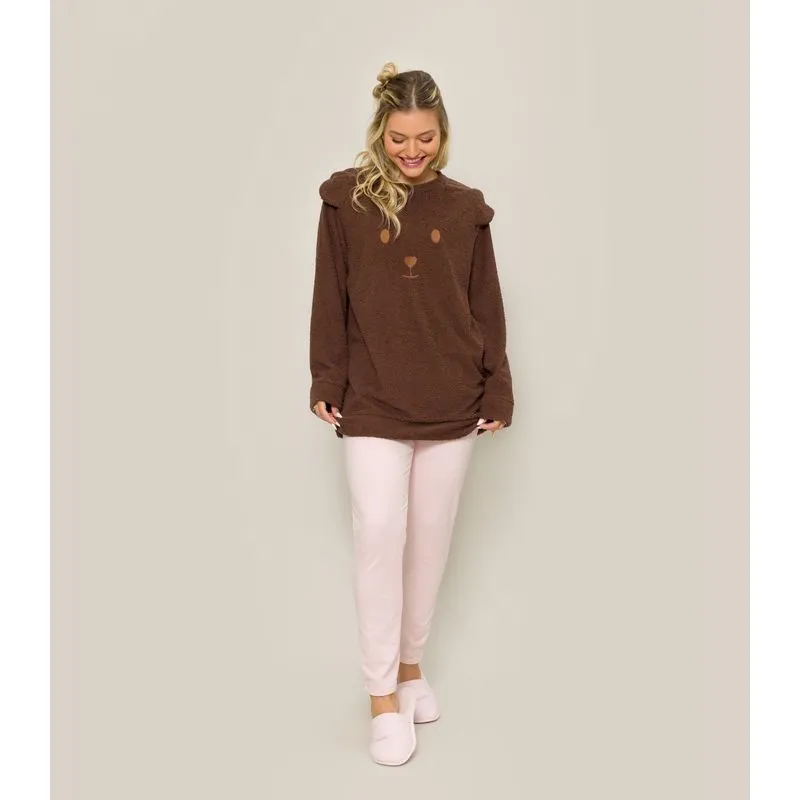 Pijama Feminina Manga Longa Em Teddy Evanilda Marrom G