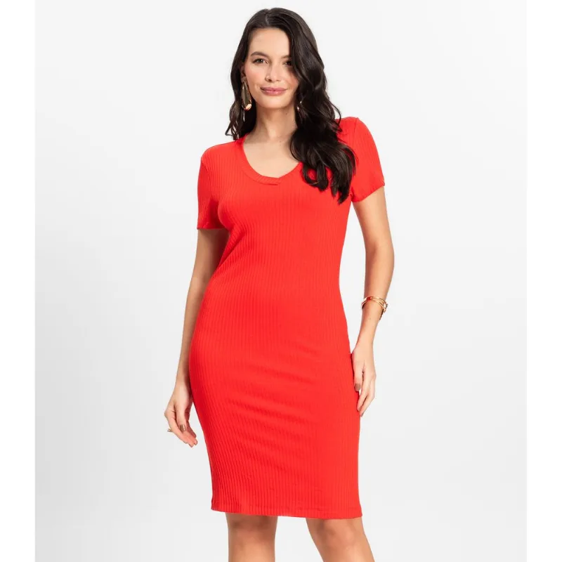 Vestido Feminino Em Ribana Canelada Rovitex Laranja P