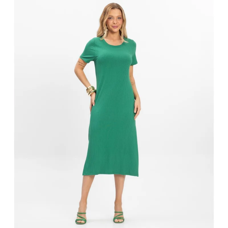 Vestido Midi Ribana Canelada Básico Rovitex Verde GG