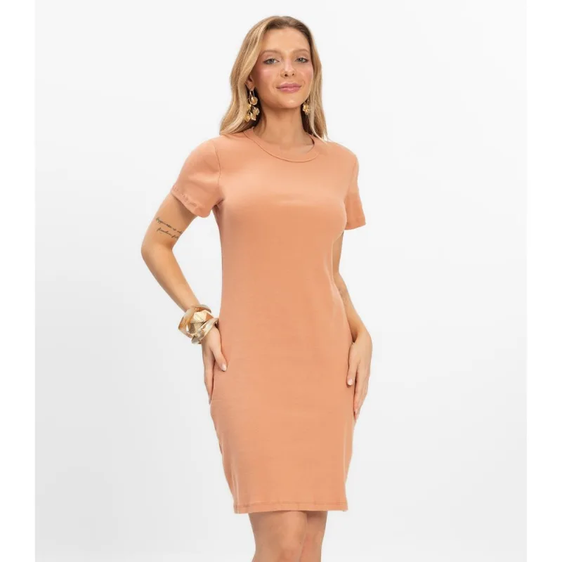 Vestido Acinturado Em Ribana Canelada Rovitex Marrom M