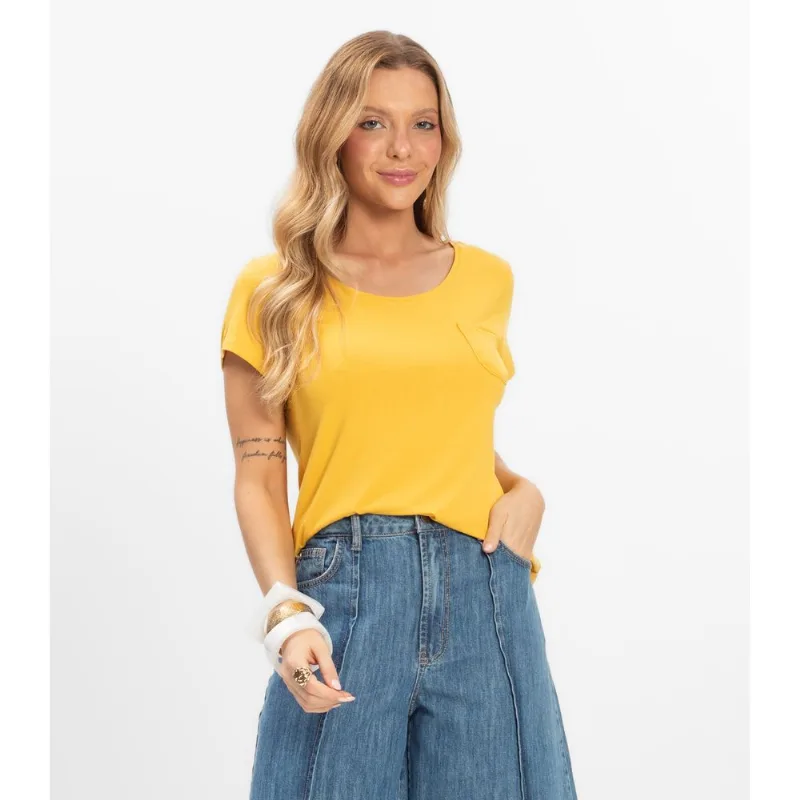 Blusa Feminina Viscotorcion Com Bolso Rovitex Amarelo M