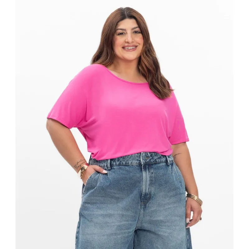 Blusa Manga Curta Feminina Plus Size Secret Glam Rosa Plus G3