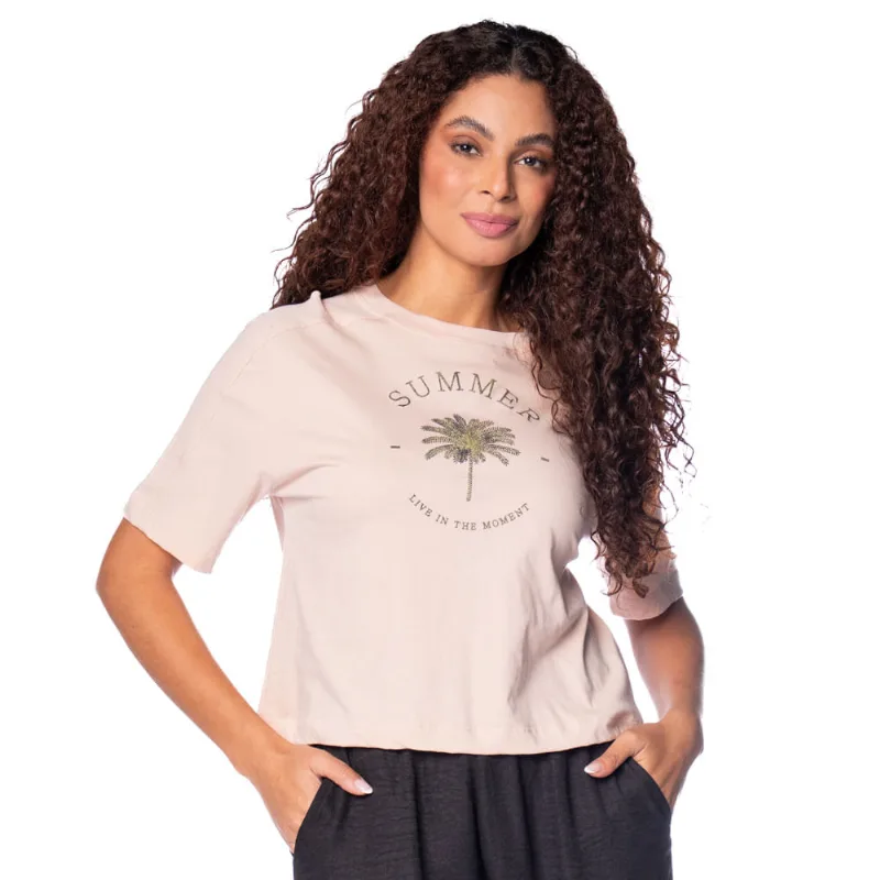 T-Shirt Feminina Rovitex Estampa Summer Rosa Claro - P