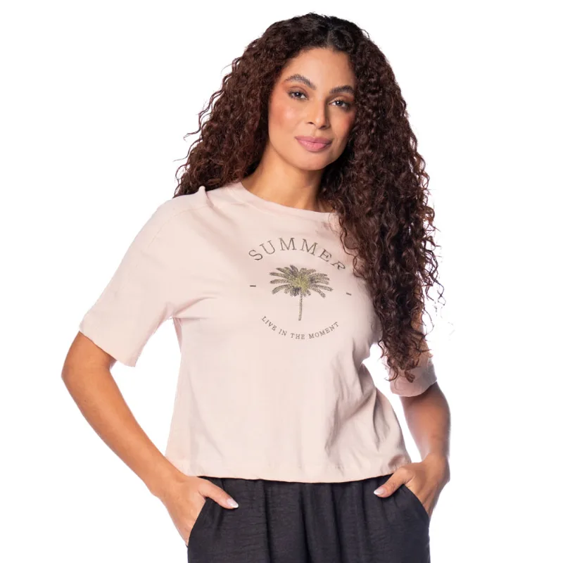 T-Shirt Feminina Rovitex Estampa Summer Rosa Claro - GG