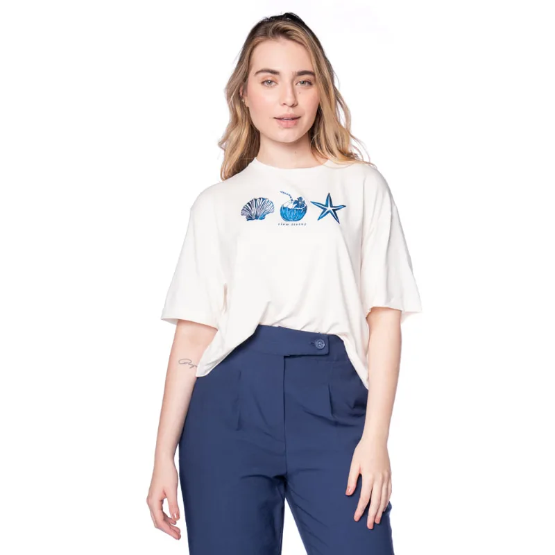 T-Shirt Feminina Endless Viscose Estampa Off White/azul - P
