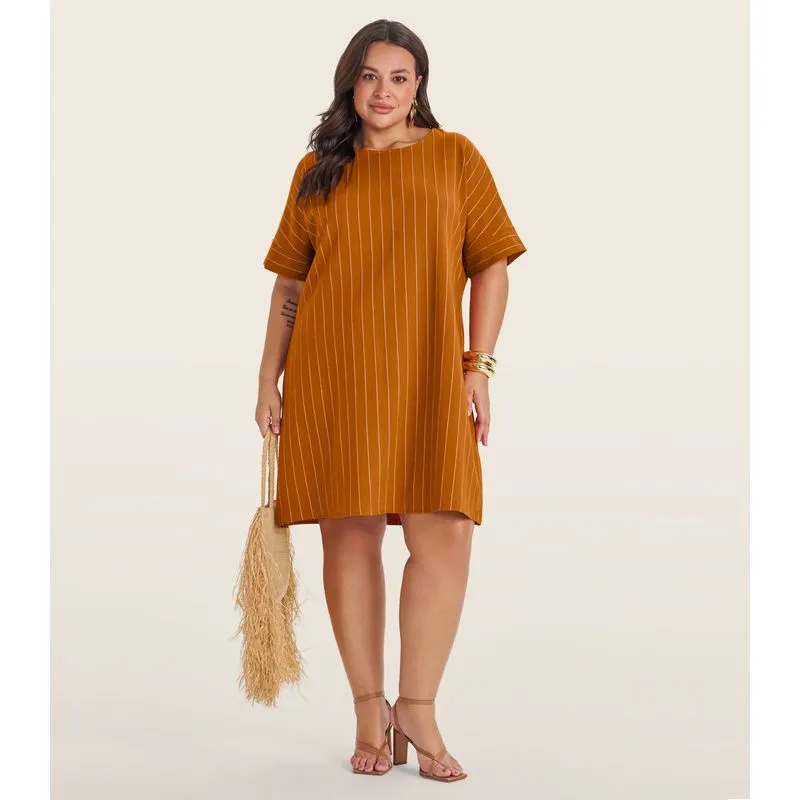 Vestido Plus Size em Visco Listras Secret Glam Marrom Plus G1