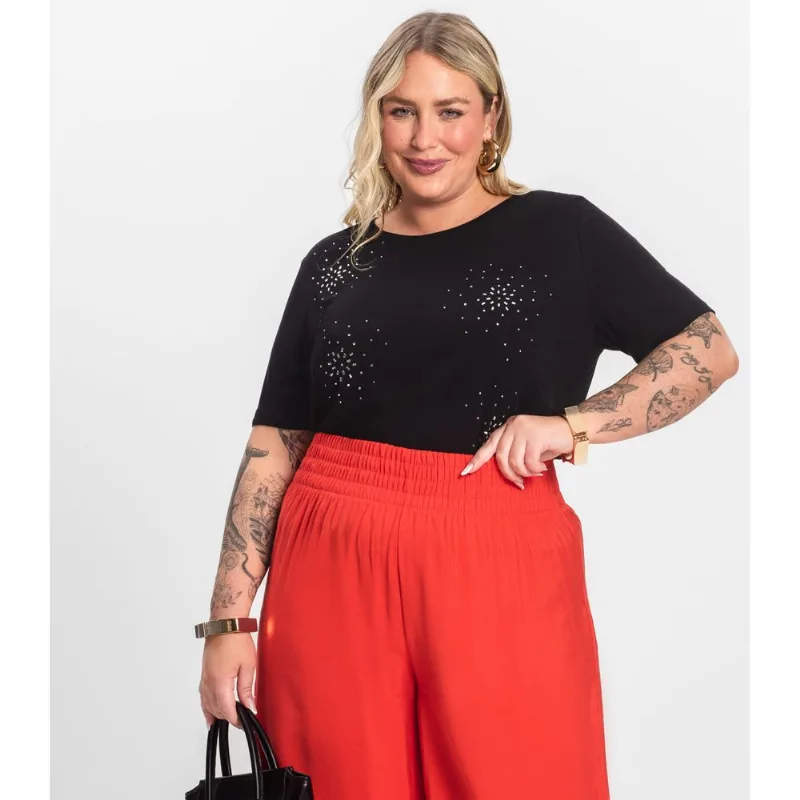 Blusa Manga Curta Em Viscotorcion Secret Glam Preto Plus G1