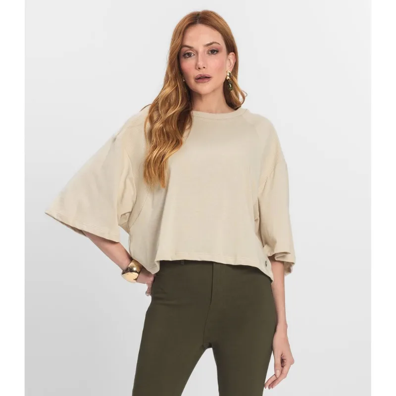 T- Shirt Feminina em Malhão e Ribana Endless Bege P