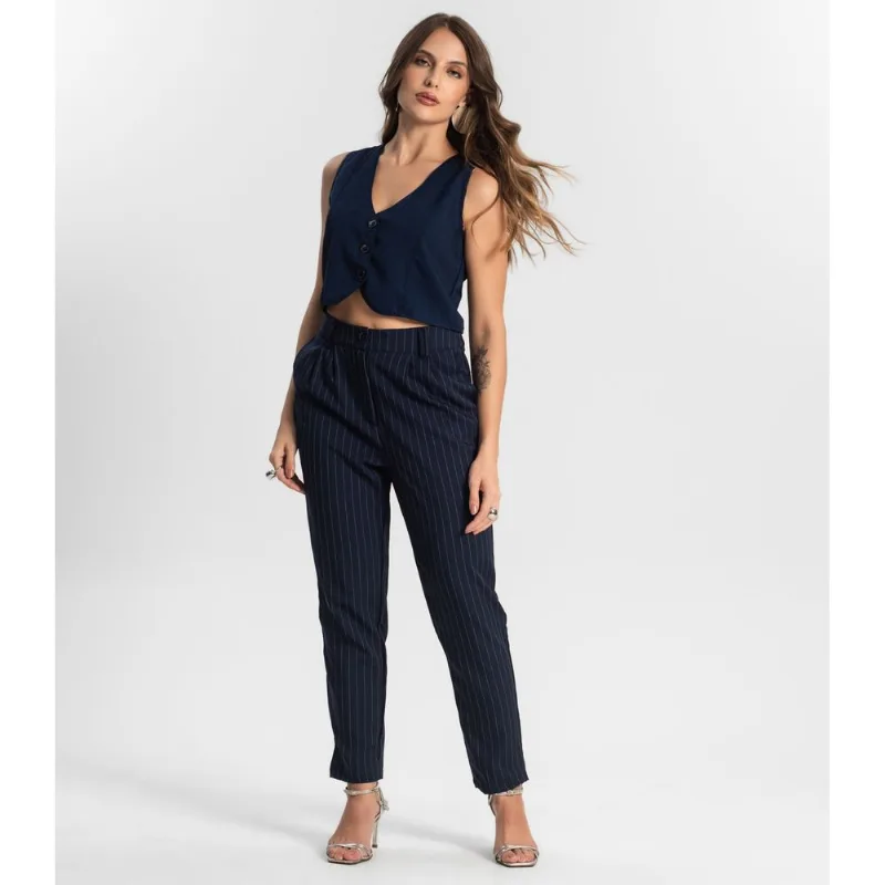 Calça Alfaiataria Cenoura De Risca Giz Style Box Azul P