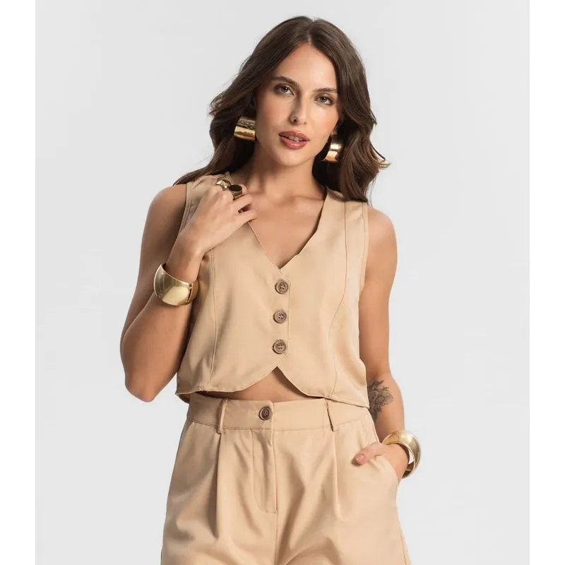 Colete Feminino Em Alfaiataria Style Box Bege M