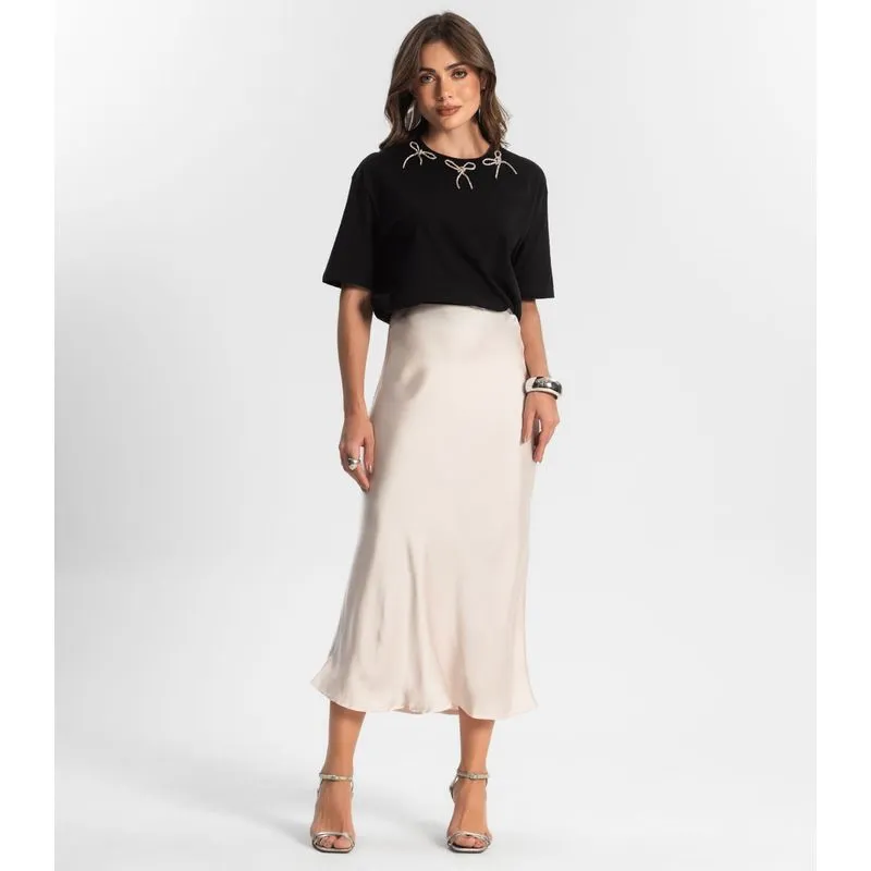 Saia Feminina Midi Acetinada Style Box Bege Gg