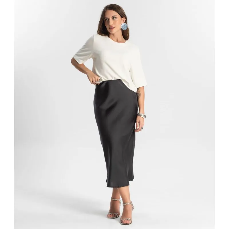 Saia Feminina Midi Acetinada Style Box Cinza GG