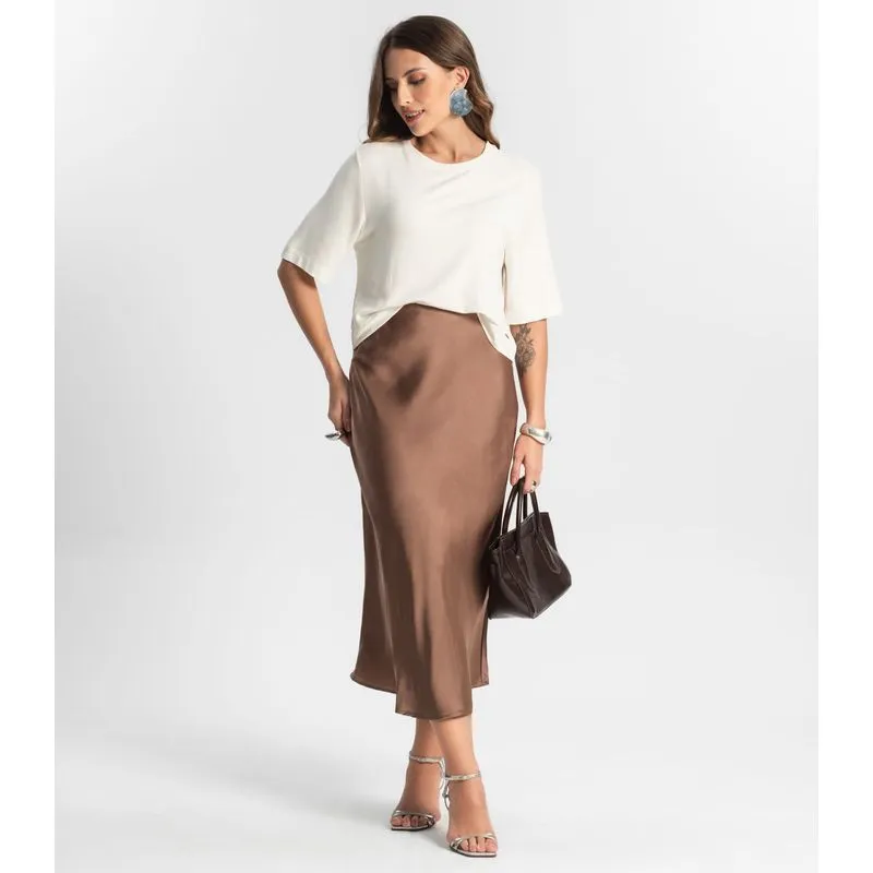 Saia Feminina Midi Acetinada Style Box Bege G