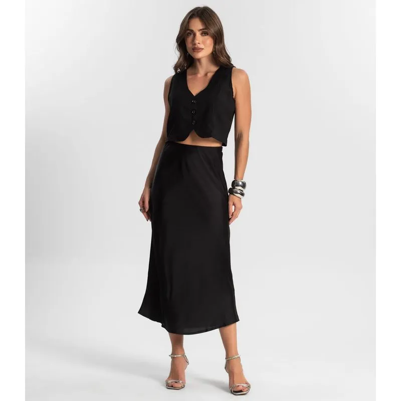 Saia Feminina Midi Acetinada Style Box Preto G