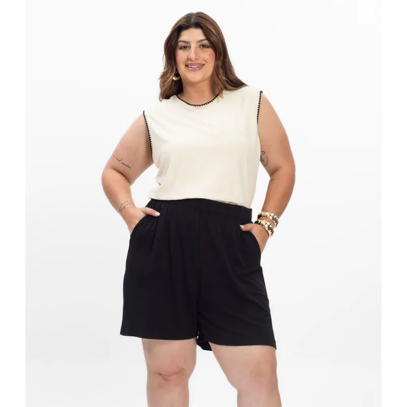 Shorts Feminino Plus Size Com Bolsos Secret Glam Preto Plus G1