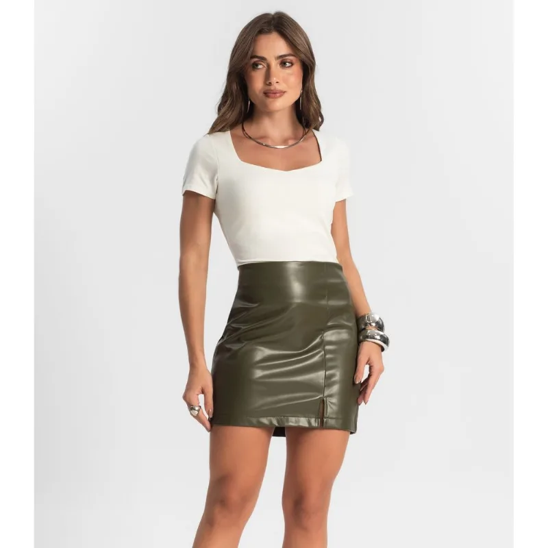 Saia Feminina Curta Em PU Style Box Verde GG