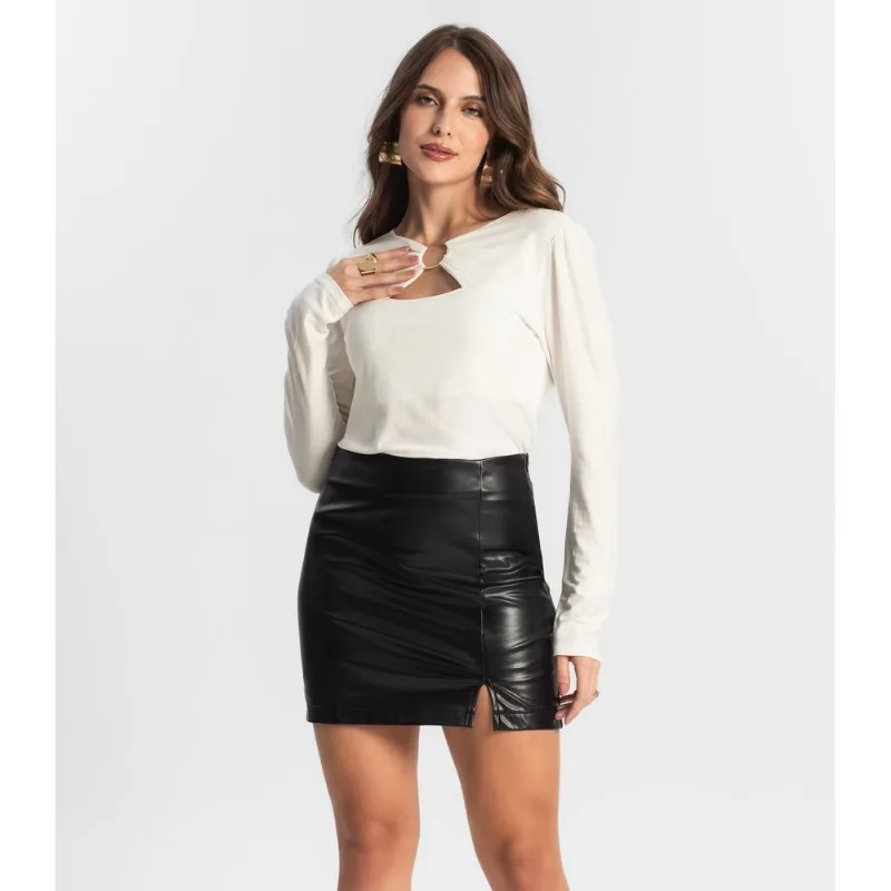 Saia Feminina Curta Em PU Style Box Preto P