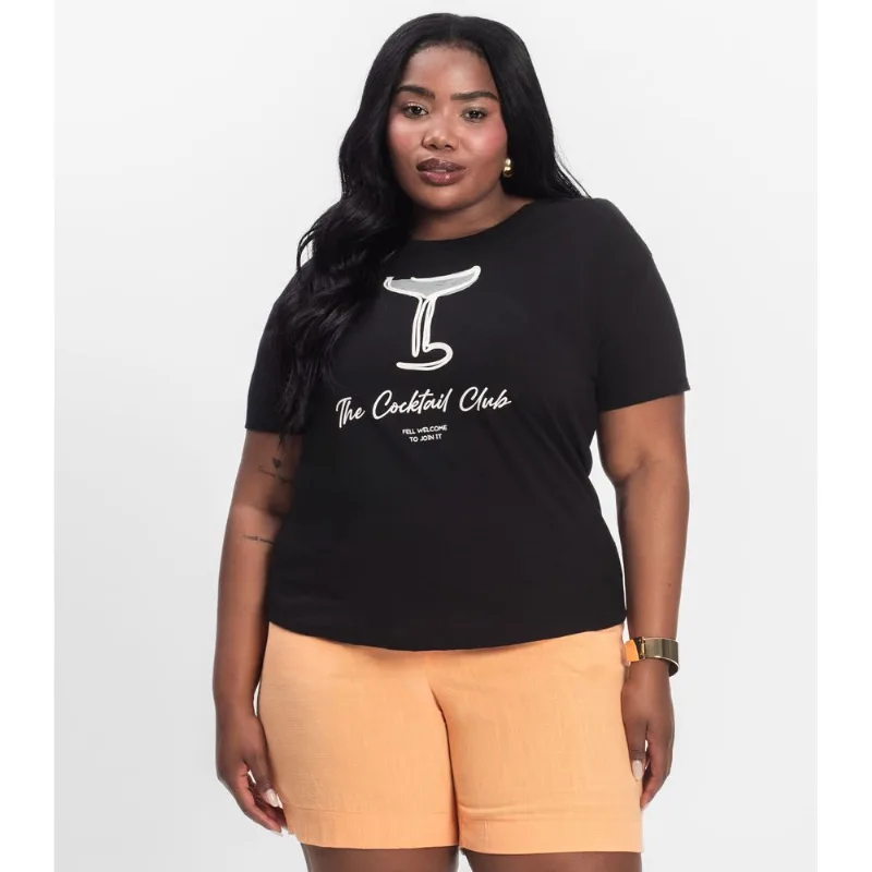 Camiseta Plus Size Em Meia Malha Secret Glam Preto Plus G3