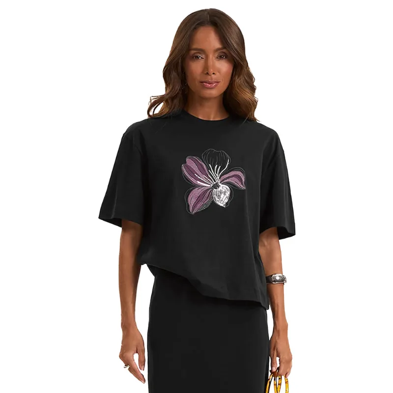 Camiseta Feminina Rovitex Estampa Flor Bordada Preto - G