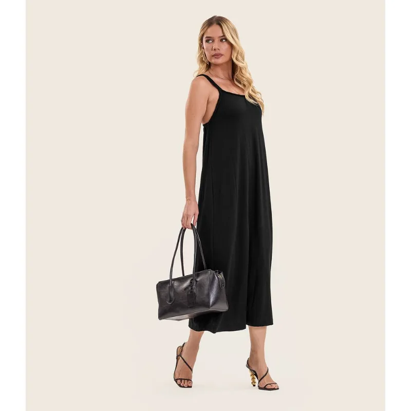 Vestido Midi de Alça em Visco Maquinetada Endless Preto GG