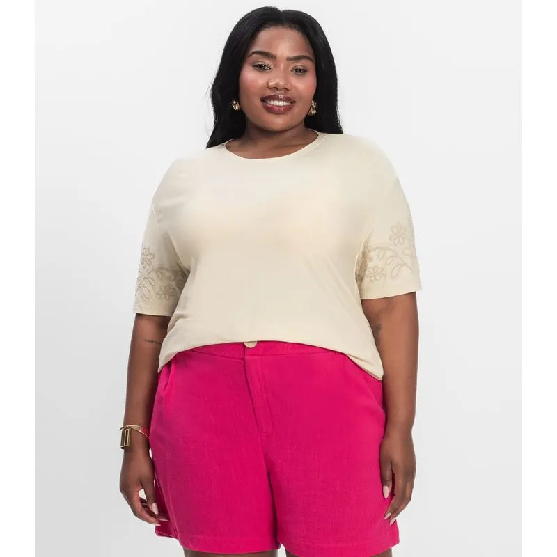 Blusa Manga Curta Plus Size Secret Glam Bege Plus G1