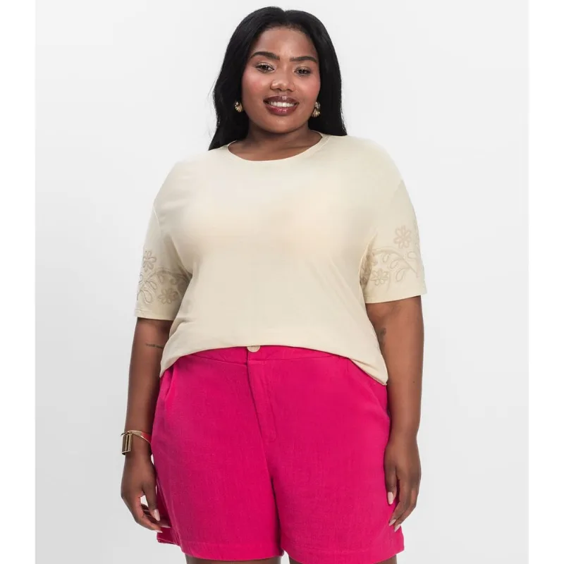 Blusa Manga Curta Plus Size Secret Glam Bege Plus G2