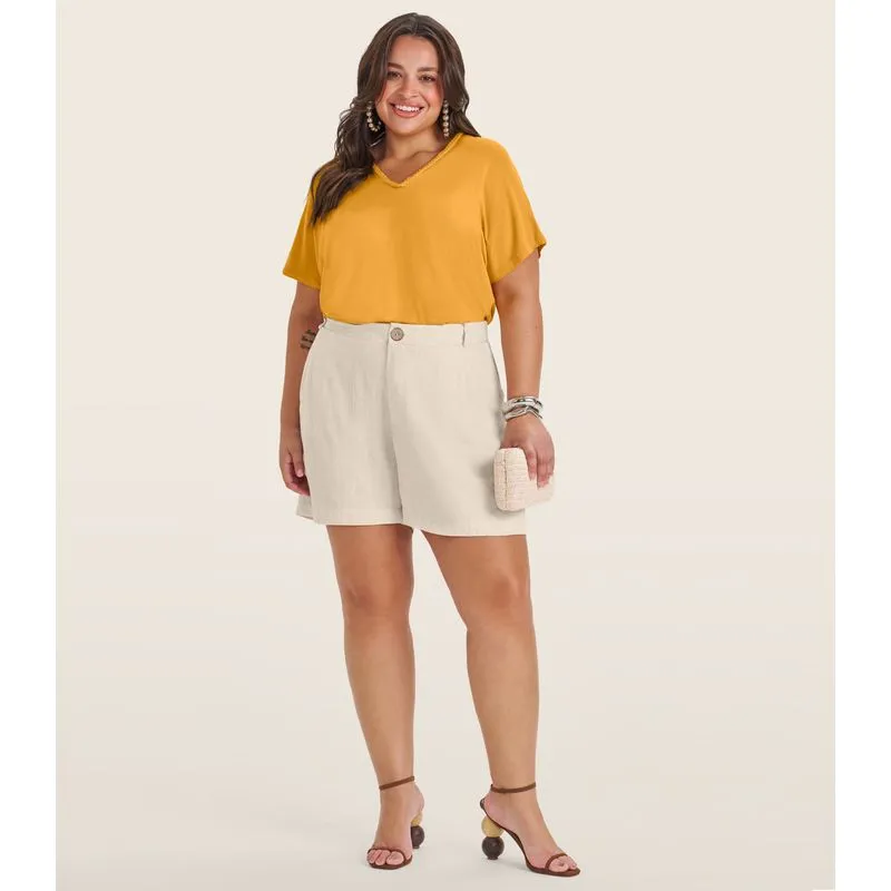 Blusa Manga Curta em Viscotorcion Secret Glam Amarelo Plus G1