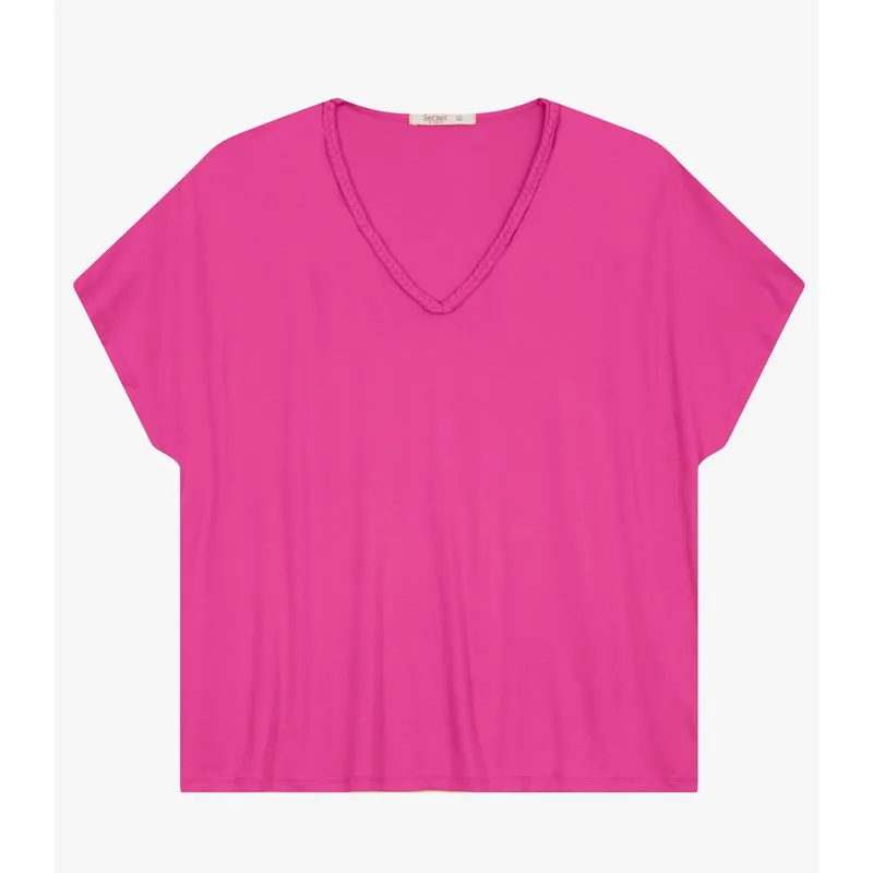 Blusa Manga Curta em Viscotorcion Secret Glam Rosa Plus G1