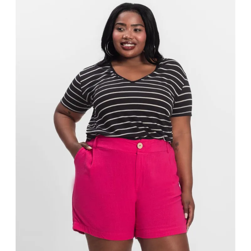 Blusa Feminina Plus Size Gola V Secret Glam Preto Plus G1